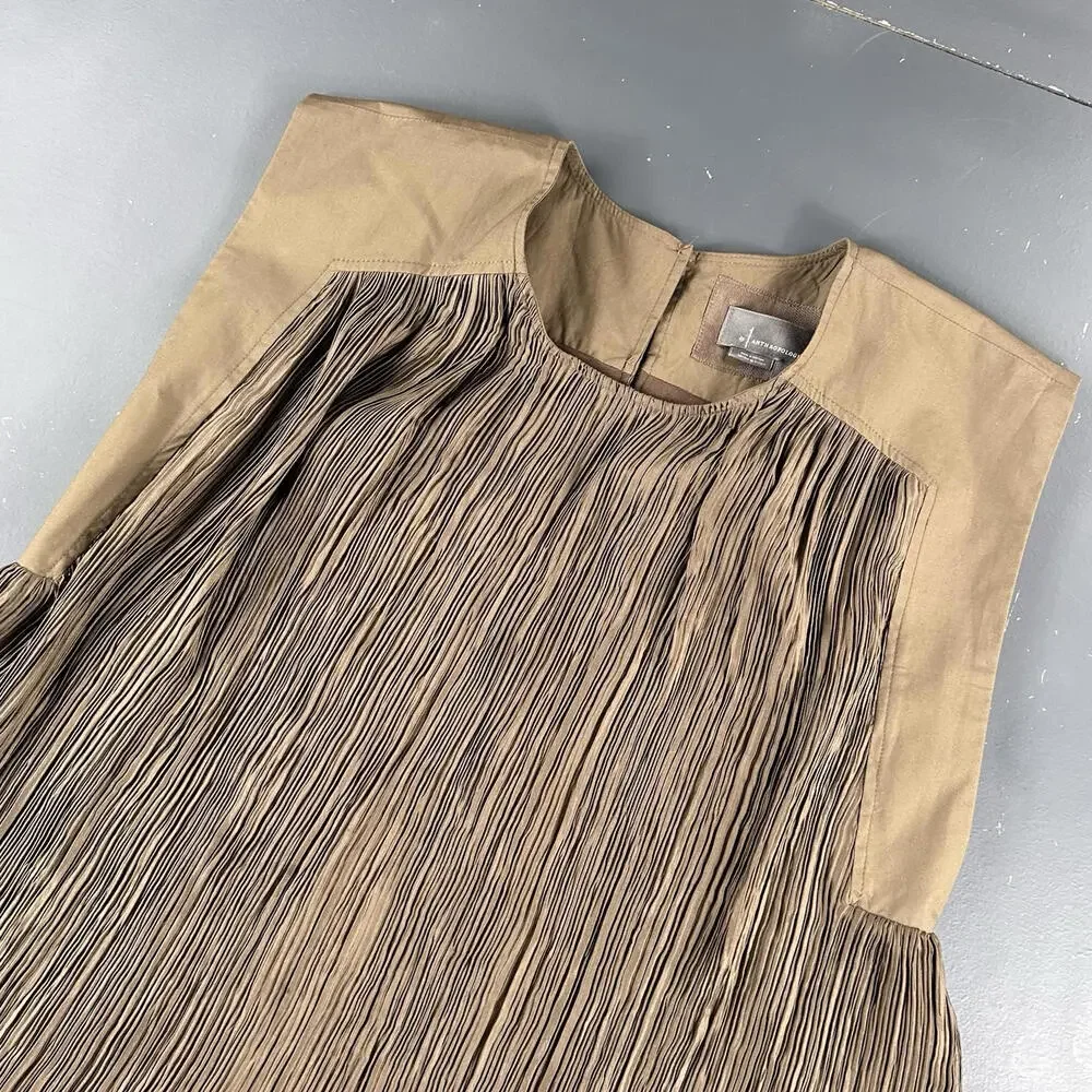 By Anthropologie Moss Green Cap-Sleeve Plissé Mini Dress Medium Scrunchy - Picture 3 of 12